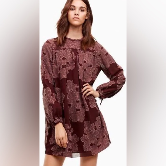 Wilfred Burgundy Floral Lace Long-Sleeve Mini Dress